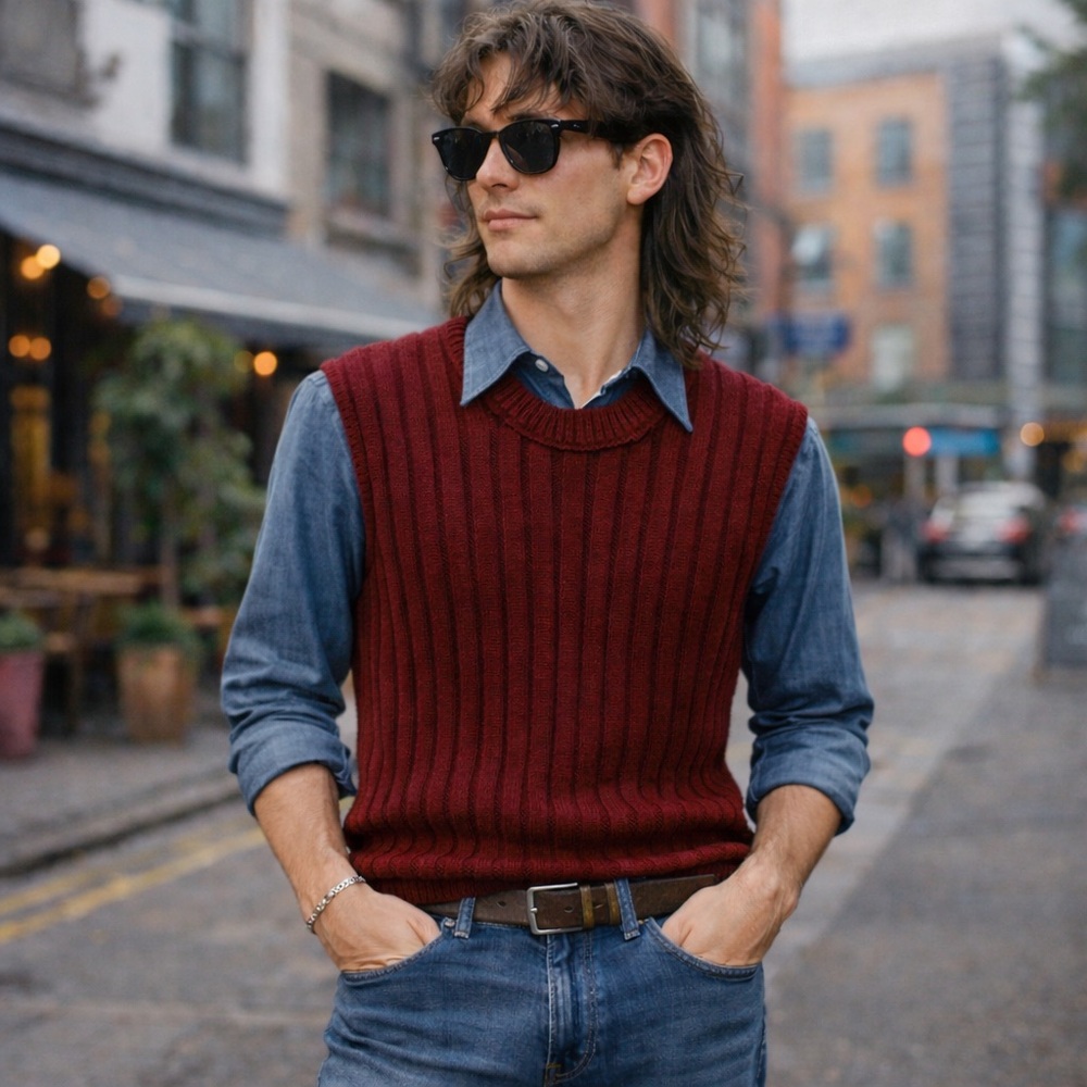 Vintage Handmade Hand Knit Ribbed Maroon Pullover Unisex Sweater Vest Sz. Med-Lg